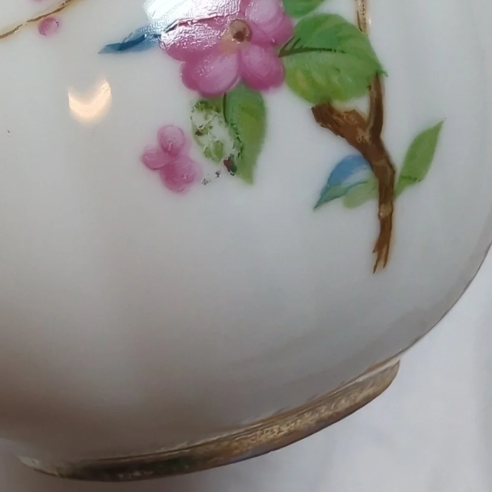 Vintage Noleans Japan Hand Painted Cardinal Birds Cherry Blossom Ceramic Pitcher